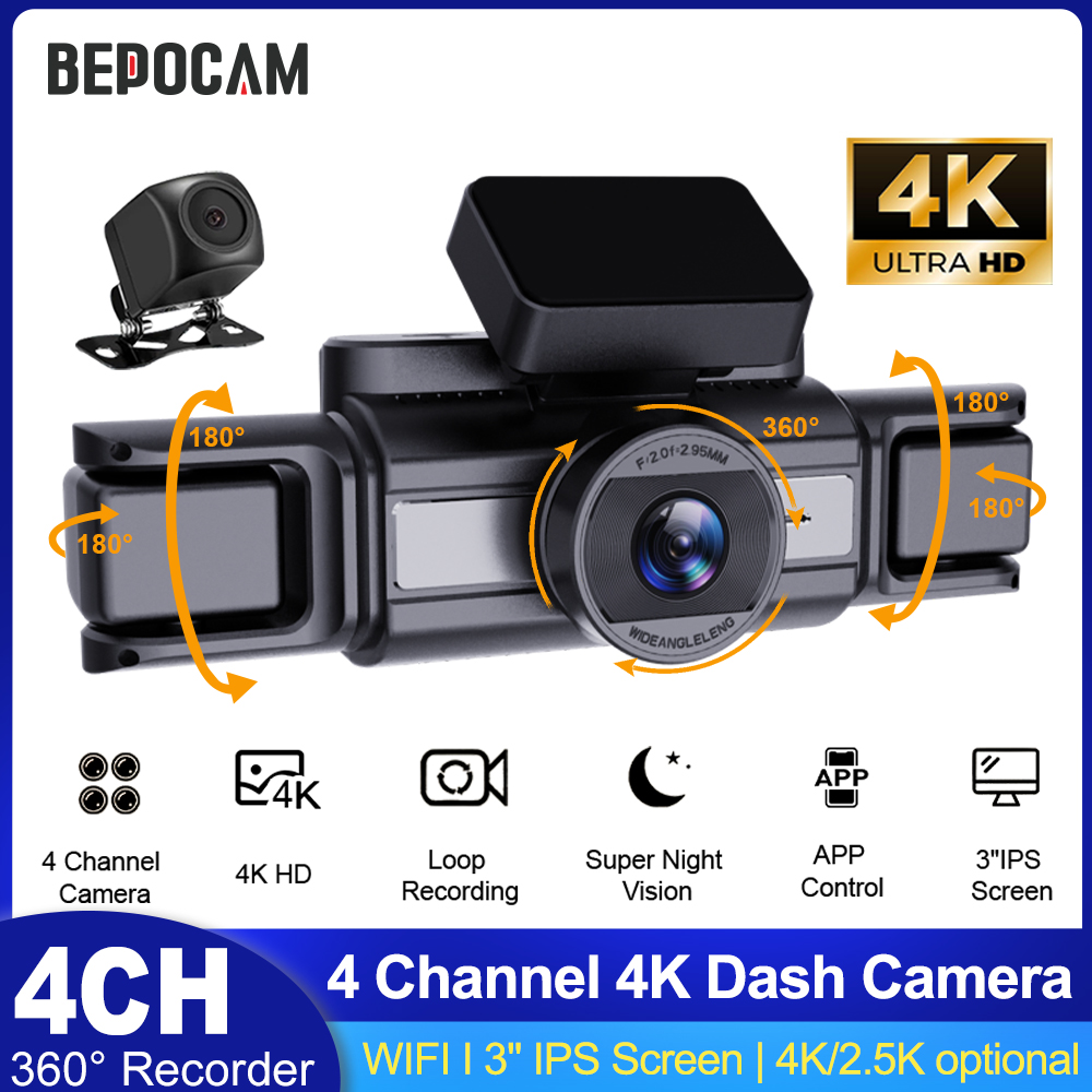 Panoramic Dash Cam 360 - BEPOCAM 4CH 4K Видеорегистратор для автомобилей